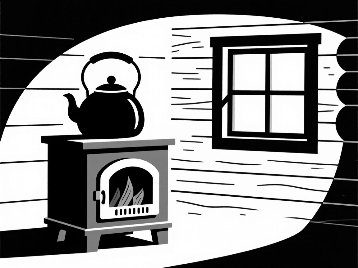 A quiet cabin interior with a kettle on a wood stove.