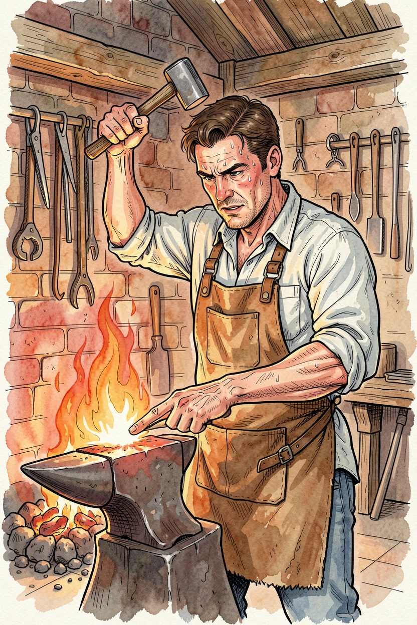A blacksmith hammering glowing metal at a rustic forge, focused concentration evident in every careful movement.