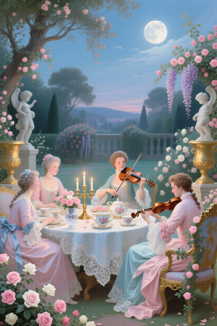 A moonlit garden supper with candles, roses, and violin music  