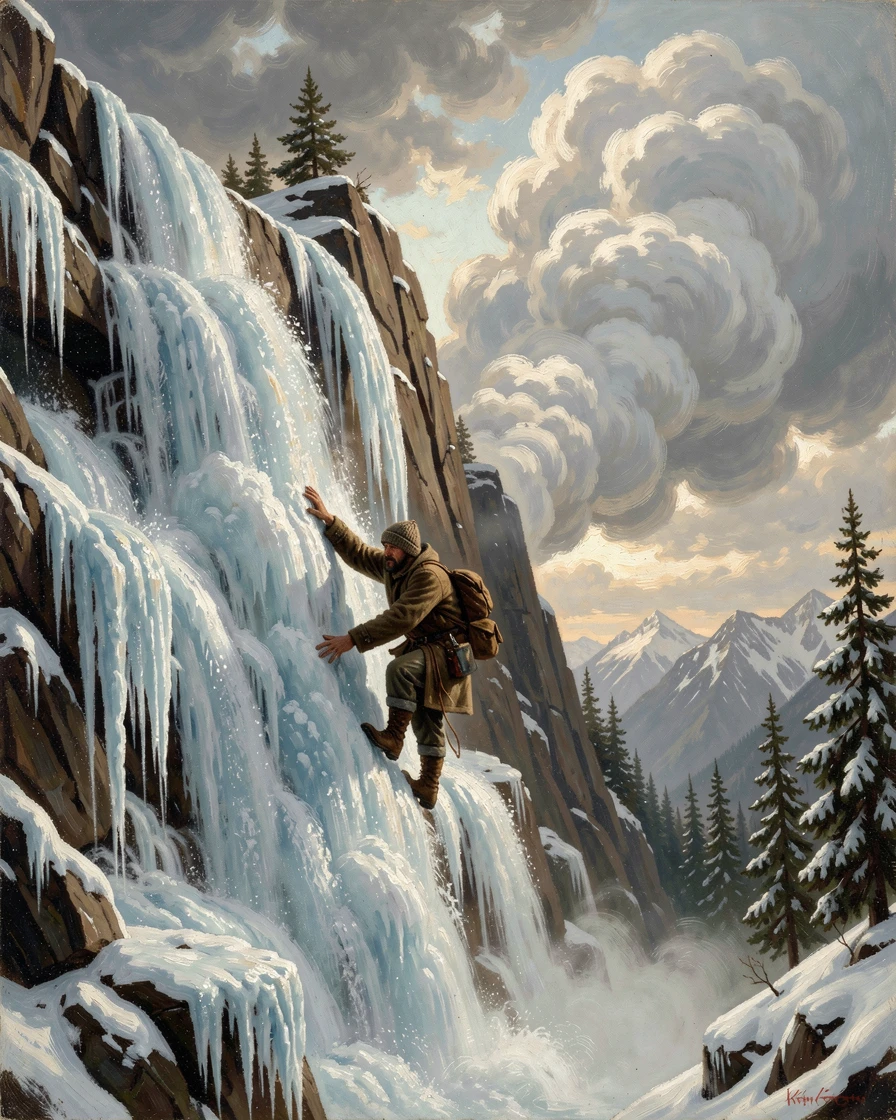 A lone climber crosses a frozen waterfall clinging to the rock as an avalanche of cloud rolls past.