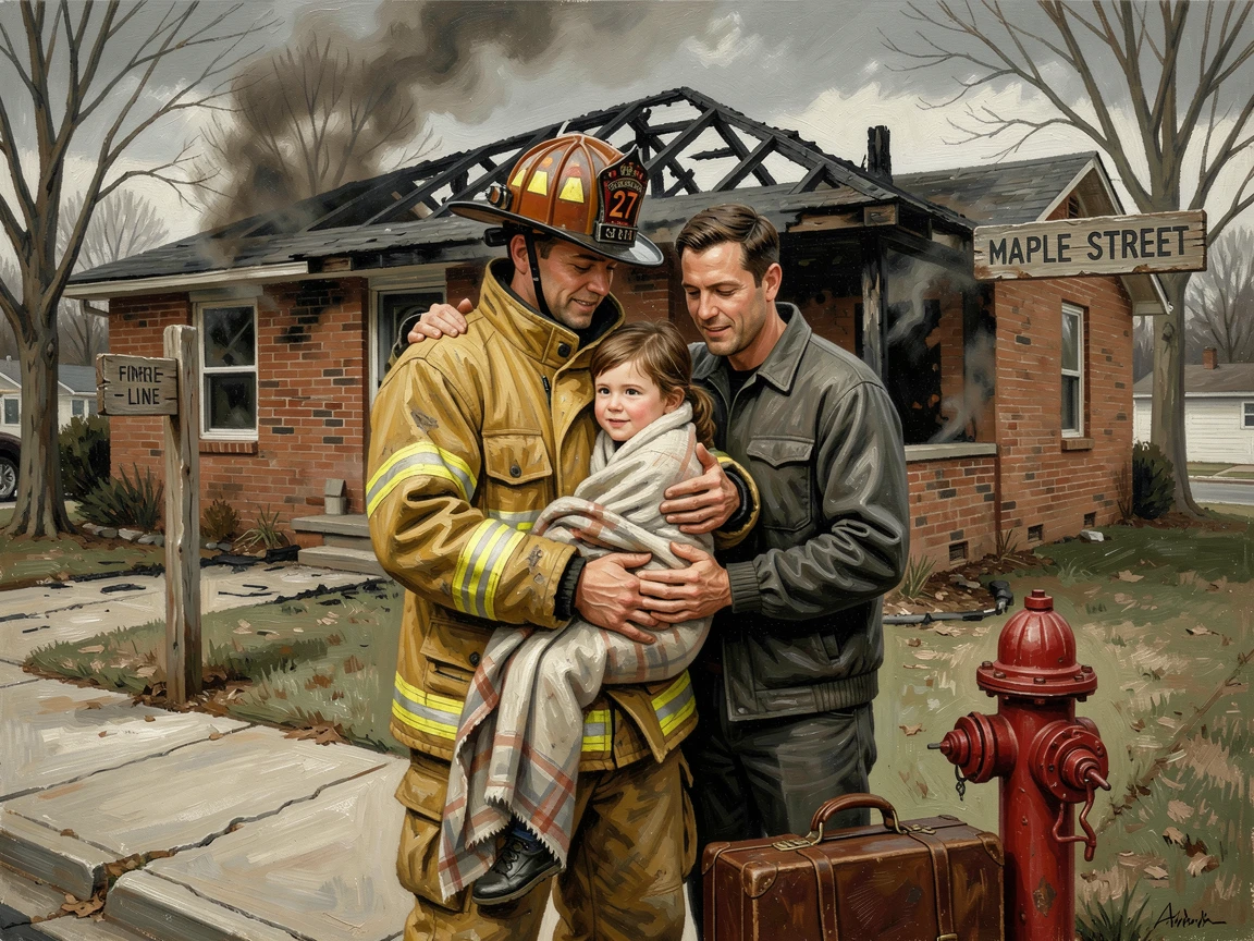 A firefighter comforting a family after saving their home from a blaze, as the moment feels both deeply personal and universally relatable, radiating hope, gratitude, and heartfelt connection