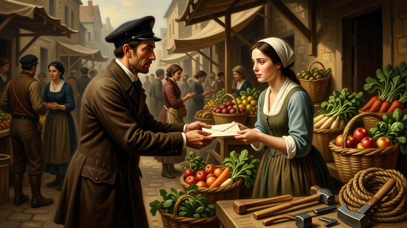 A postman delivering a cherished letter to an eager household as warmth and community shine through humble work, set within a bustling market square filled with color and life, with baskets of produce, coils of rope, and tools of an honest trade; a tight, intimate framing draws focus to hands and faces at work, evoking dignity, warmth, and the quiet poetry of daily life.