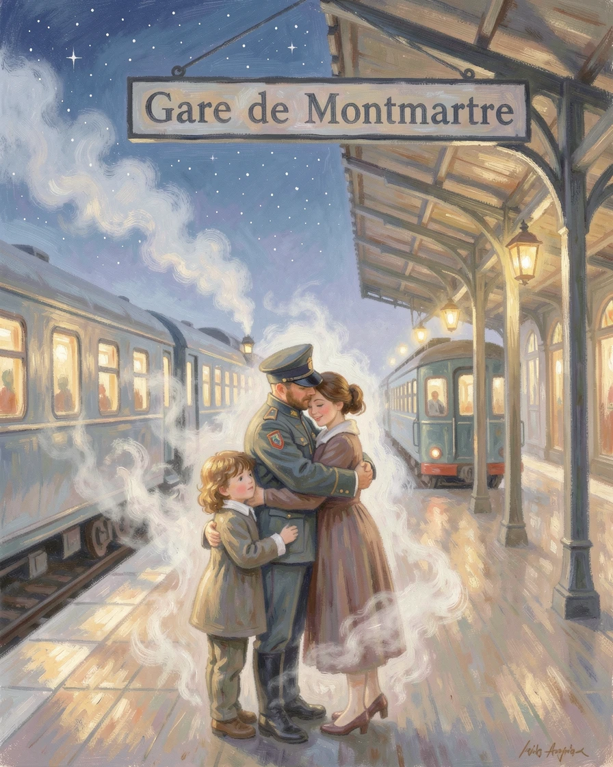 A soldier reunited with his family, embracing them tightly on a train platform filled with steam and light, under a canopy of stars, filled with warmth and nostalgia.