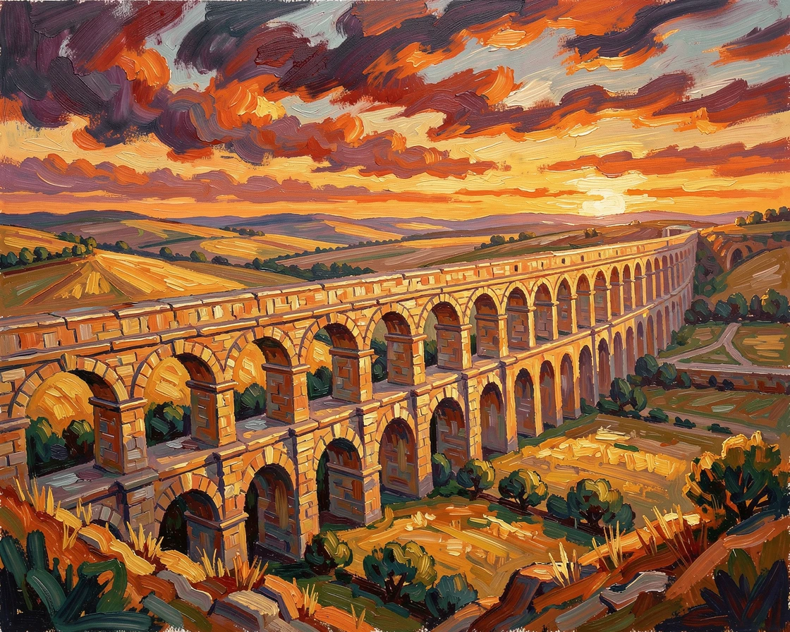 An ancient Roman aqueduct stretching across a golden valley at sunset.