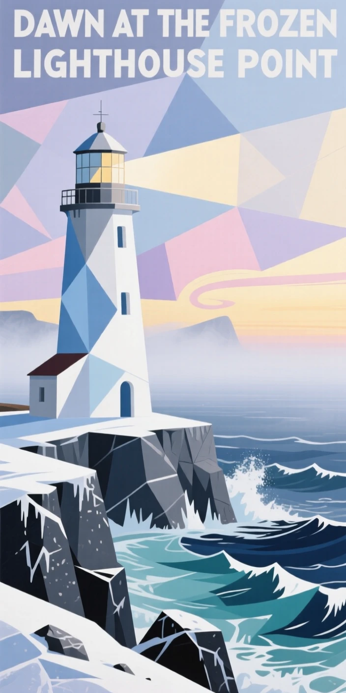 A panoramic view showing a coastal lighthouse point during a soft misty dawn, in deep winter.