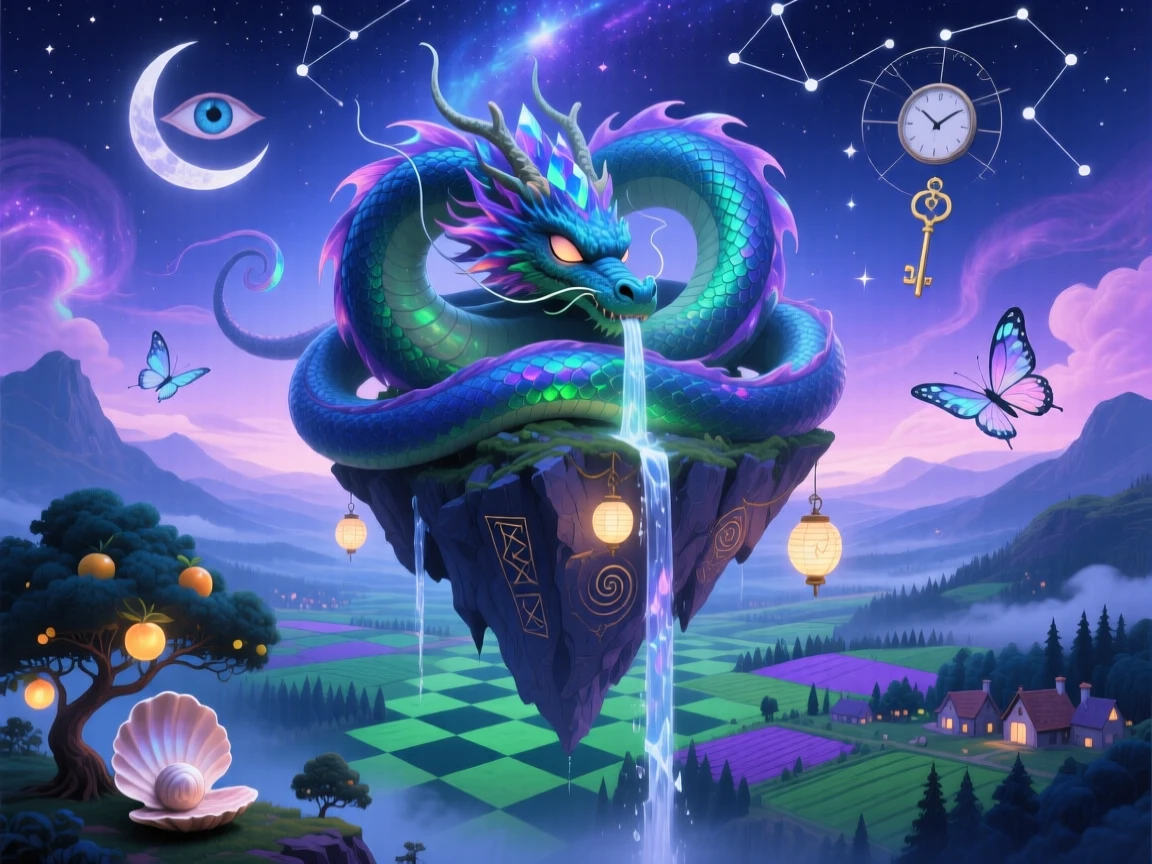 A dragon curled asleep around a floating mountain peak watches silently over a sleeping valley below, as the whole scene glows faintly under a starlit sky.