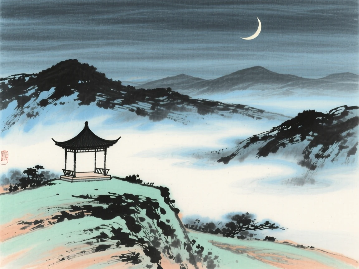 An empty pavilion overlooking mountains fading into evening haze, through swirling morning fog, beneath a crescent moon, radiating gentle serenity.