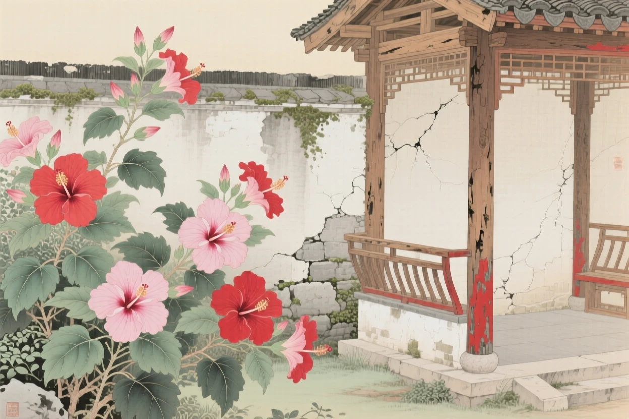 Hibiscus flowers by a garden wall next to a weathered wooden pavilion