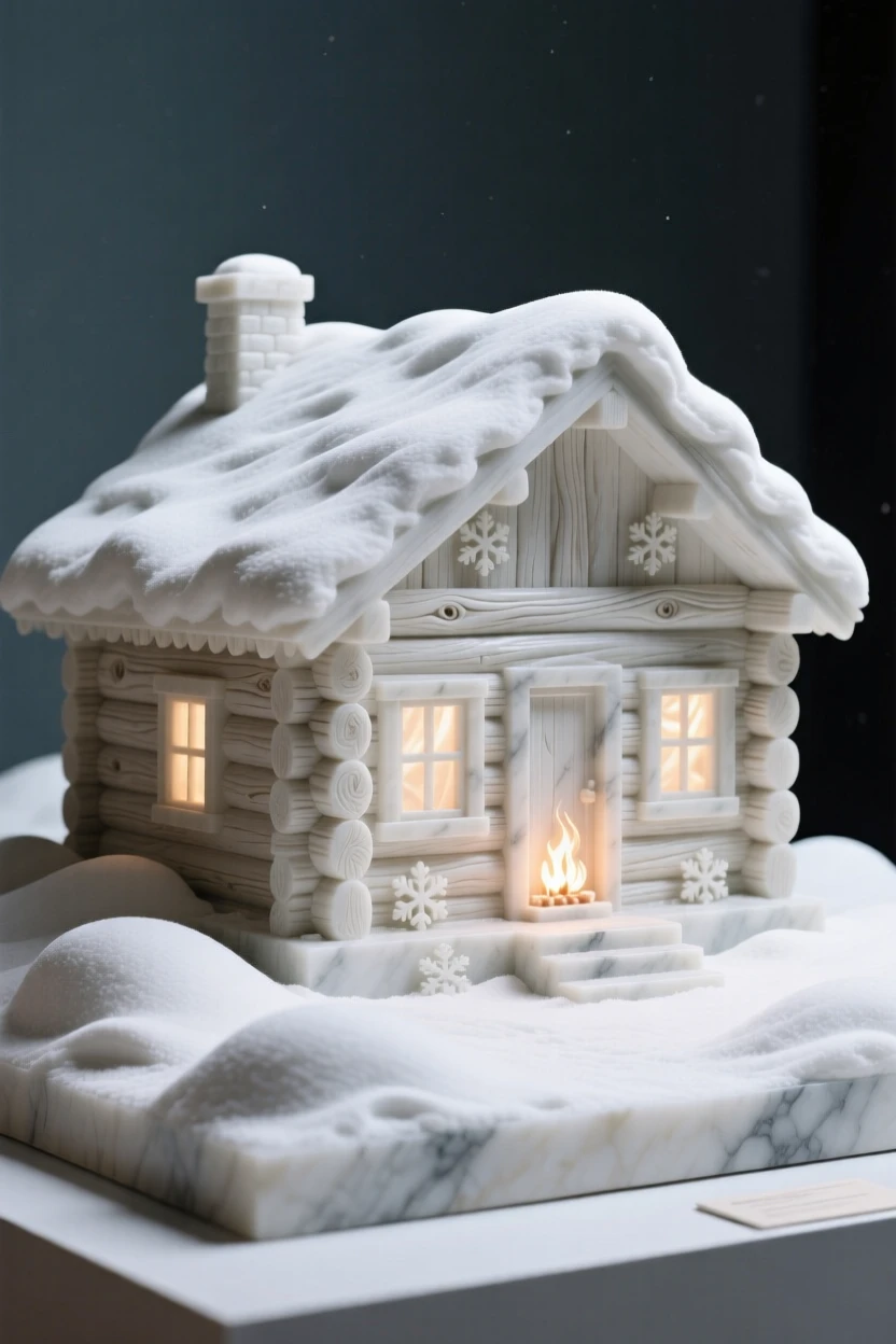 An evocative depiction of a snow-covered cabin glowing with warm light, surrounded by soft, glowing light, balancing detail with emotional depth