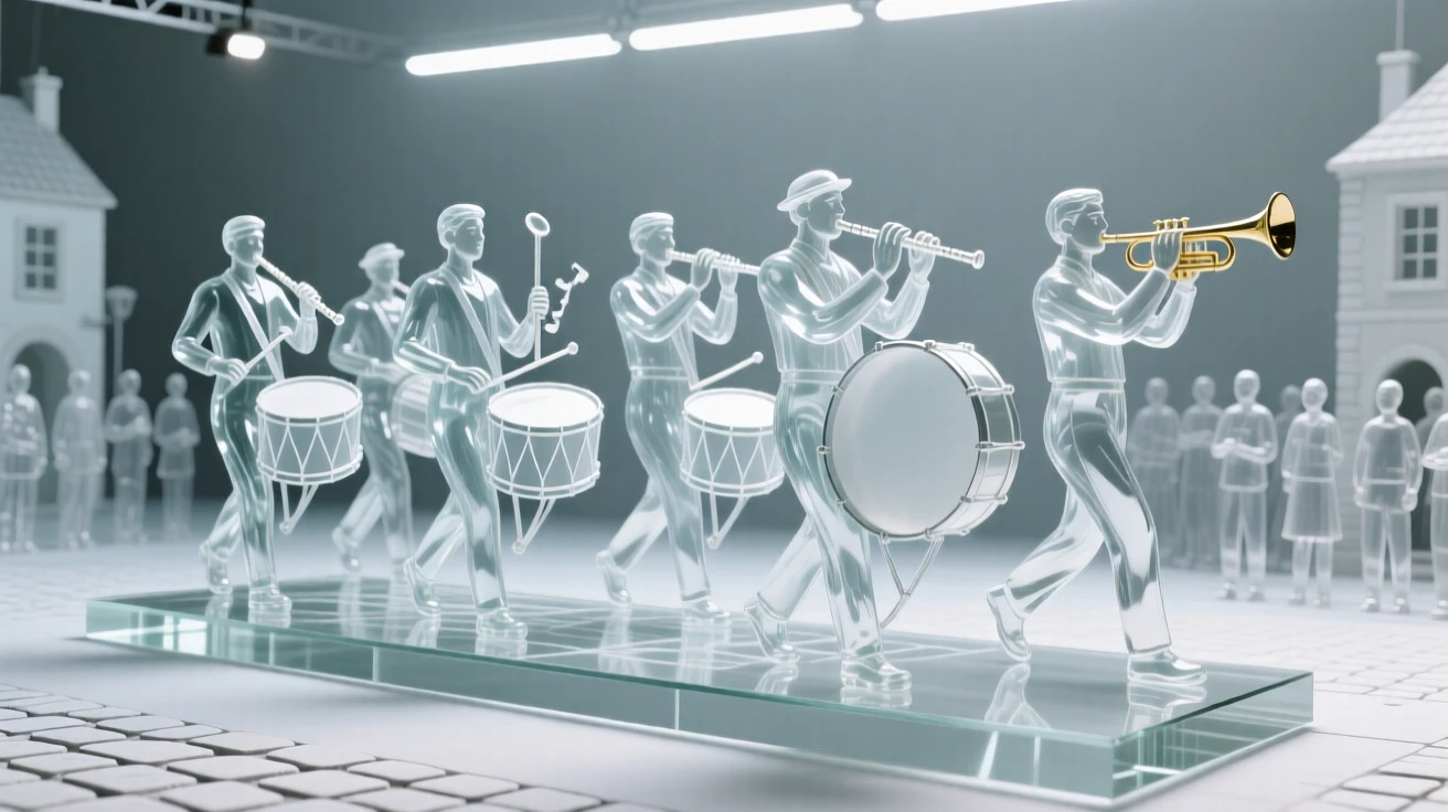 A procession of musicians leading a parade through a village square while drums echo steadily through the crowd