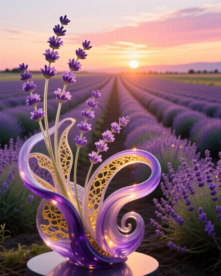 A field of blooming lavender rows glowing beneath a fading sunset, calming and vast.