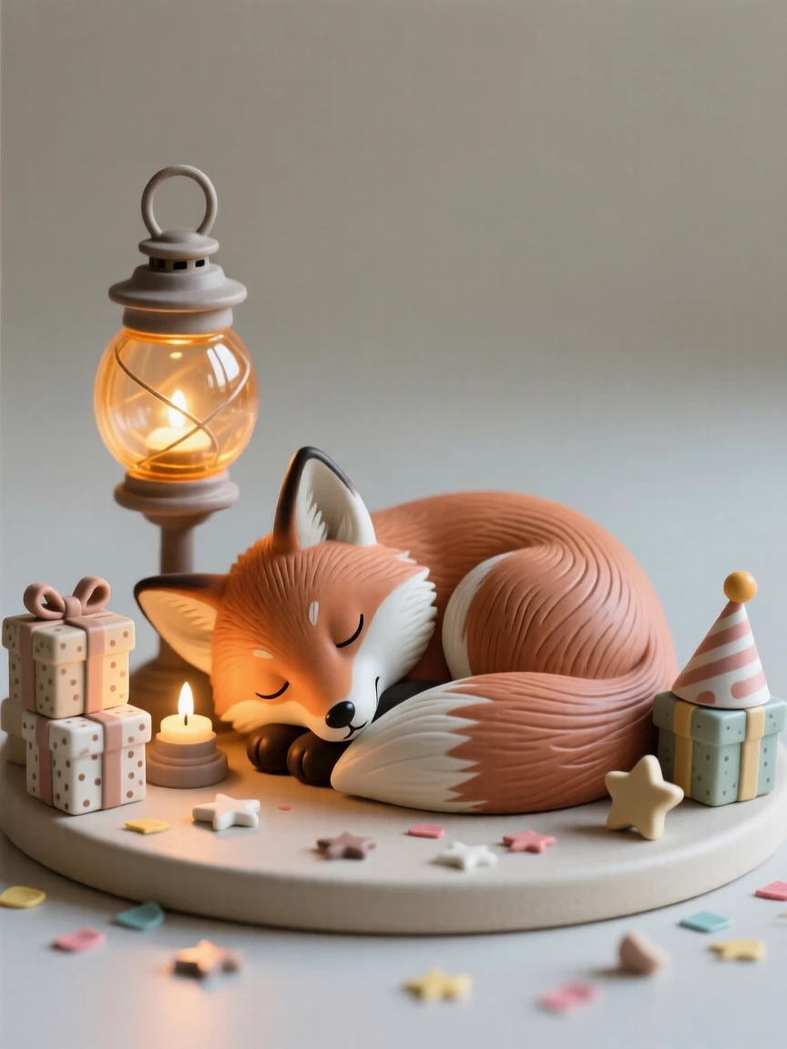 A fox curled asleep beside a glowing lantern captured mid-celebration with joyful energy, surrounded by tiny, carefully placed props, evoking childlike wonder and gentle humor.