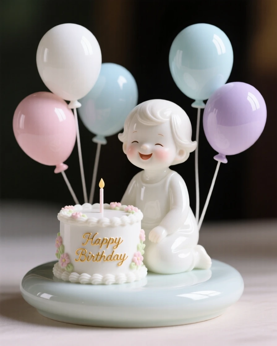 A joyful a birthday celebration with balloons and cake scene, warm light and joyful color filling the scene.