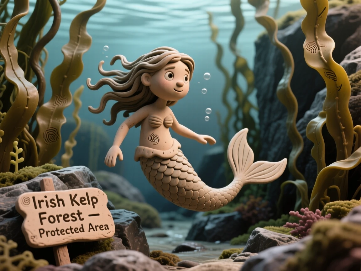 A merrow gliding through kelp forests off a rocky Irish coast