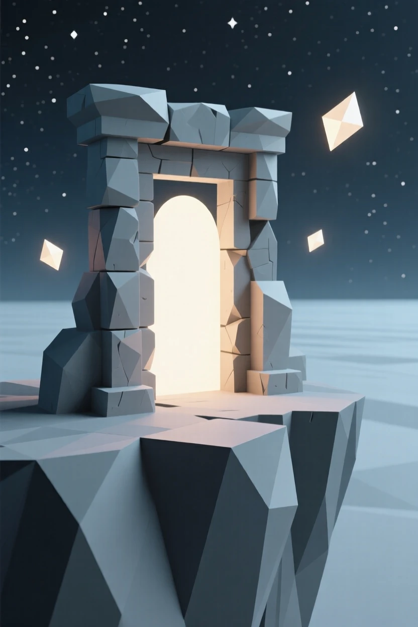 A hidden portal glowing between ancient stones, atop a cliff overlooking an endless starry sky. soft glowing light sources create dramatic highlights. The moment feels suspended between worlds.