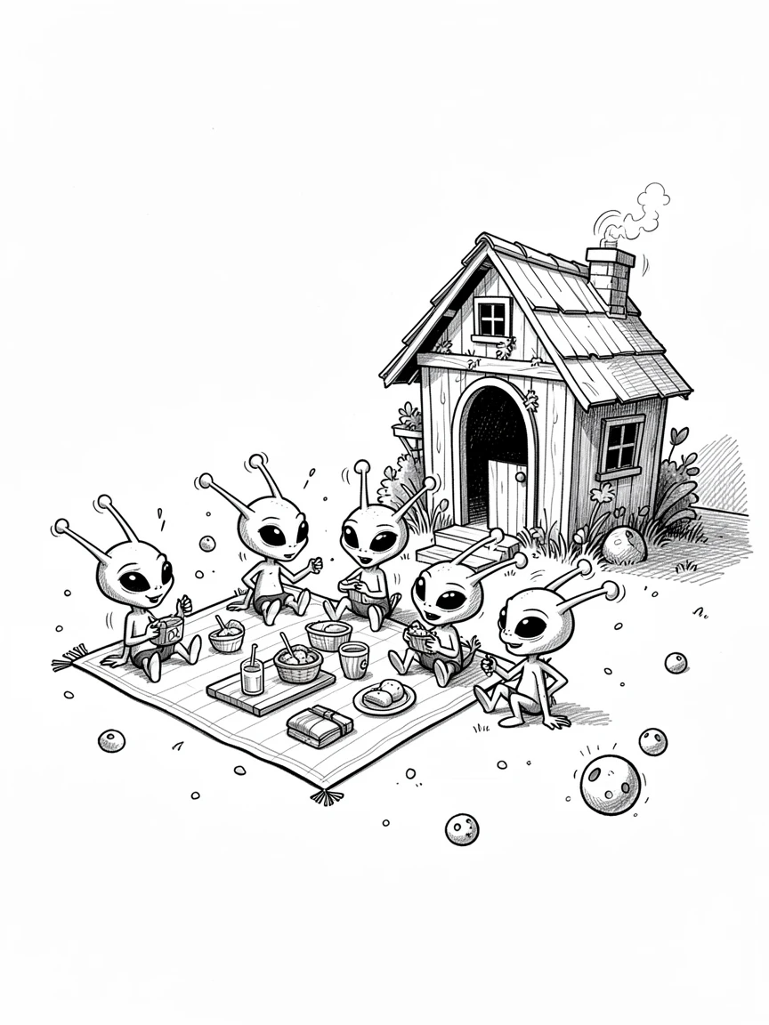 A group of tiny aliens having a picnic on the moon beside a garden shed.