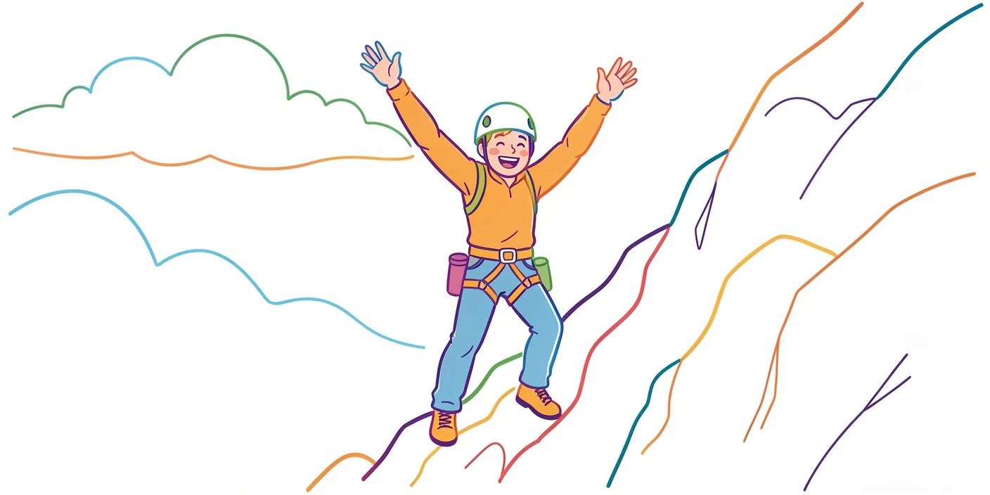 A rock climber celebrating at the summit with arms raised against a wide sky.