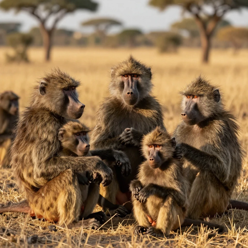 A troop of baboons grooming each other in the afternoon sun