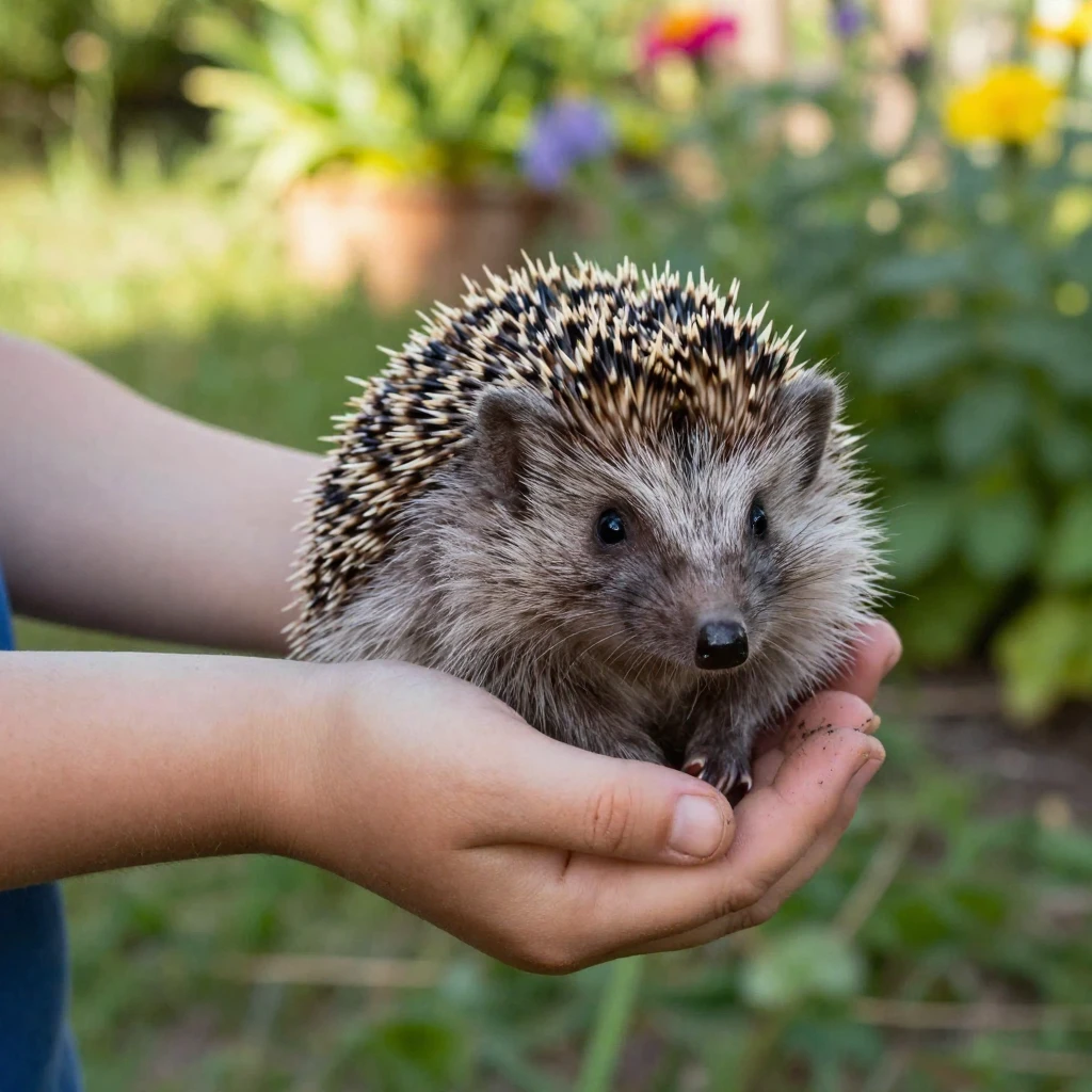 A hedgehog curls into a tiny ball in the palm of a child's cupped hands.