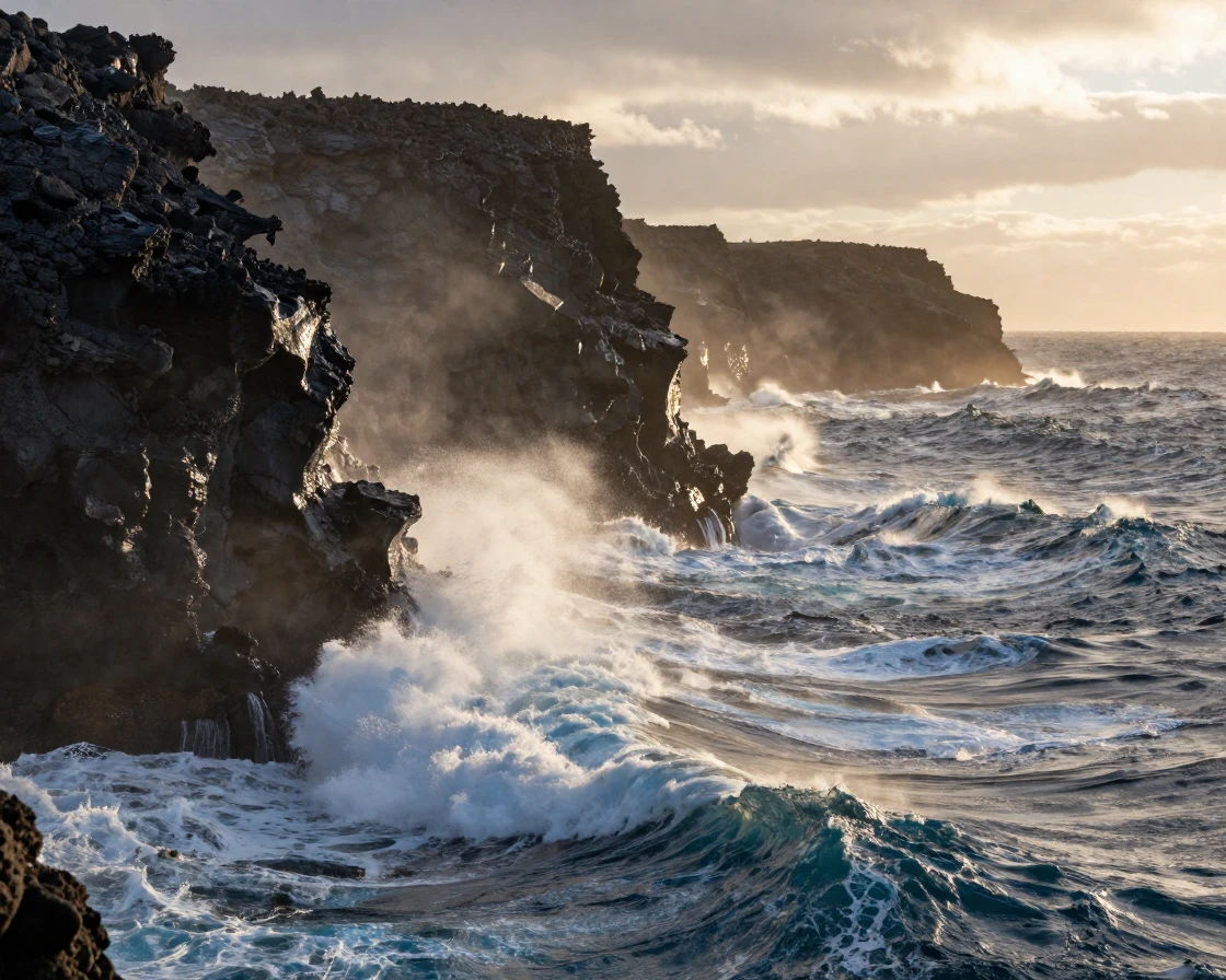 A dramatic coastline where crashing waves meet towering black volcanic cliffs