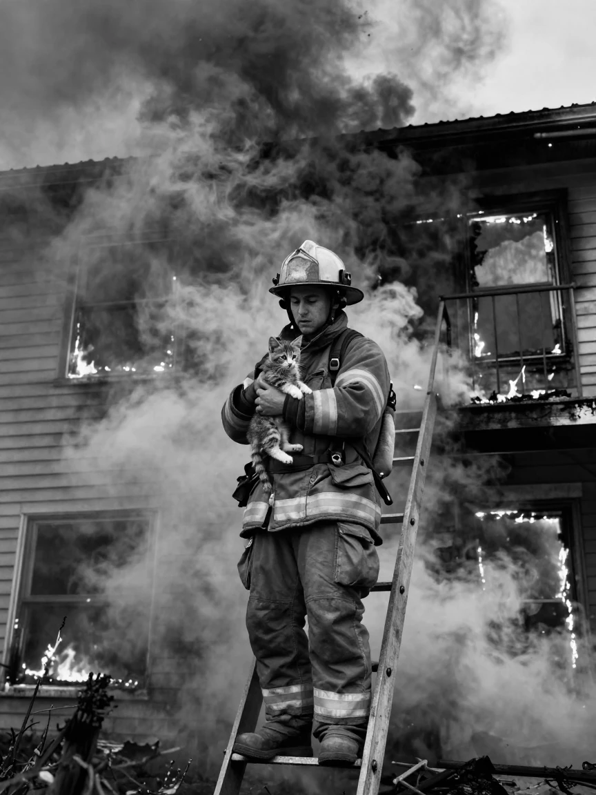 A firefighter carries a rescued kitten out of a smoky doorway on a ladder against a burning house.