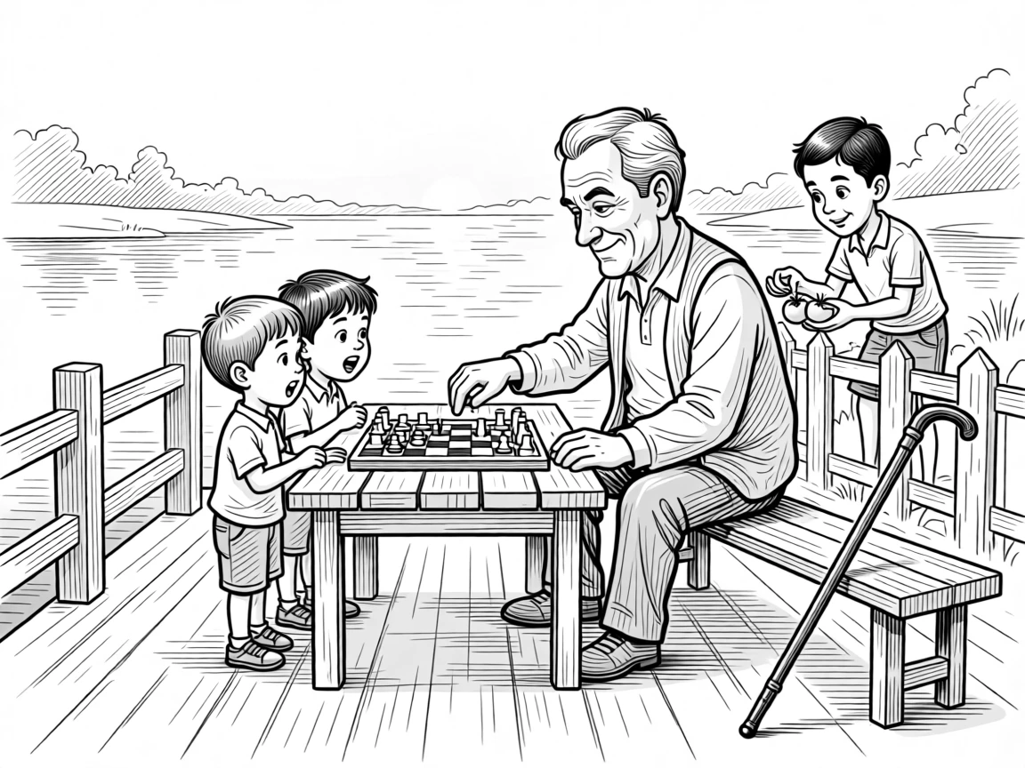 A grandfather beating his grandkids at checkers with a sly grin, passing tomatoes over a fence with a friendly nod, set on a quiet riverside dock at dawn. A cane leans against a nearby bench, momentarily forgotten. The scene radiates hard-won wisdom shared with love.