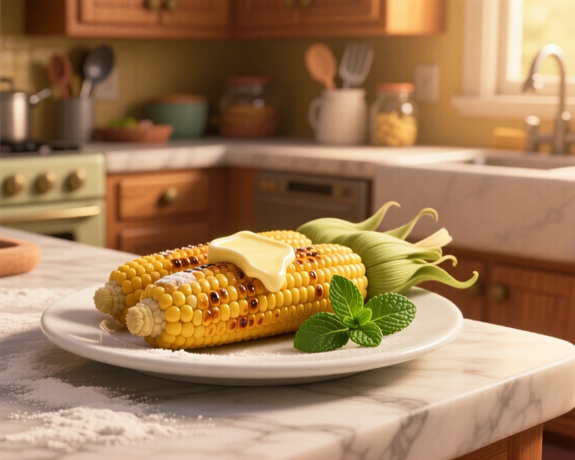 A plate of grilled corn on the cob with butter sits on a marble kitchen counter dusted with flour, garnished with a sprig of fresh mint. The scene feels inviting, warm, and delicious.
