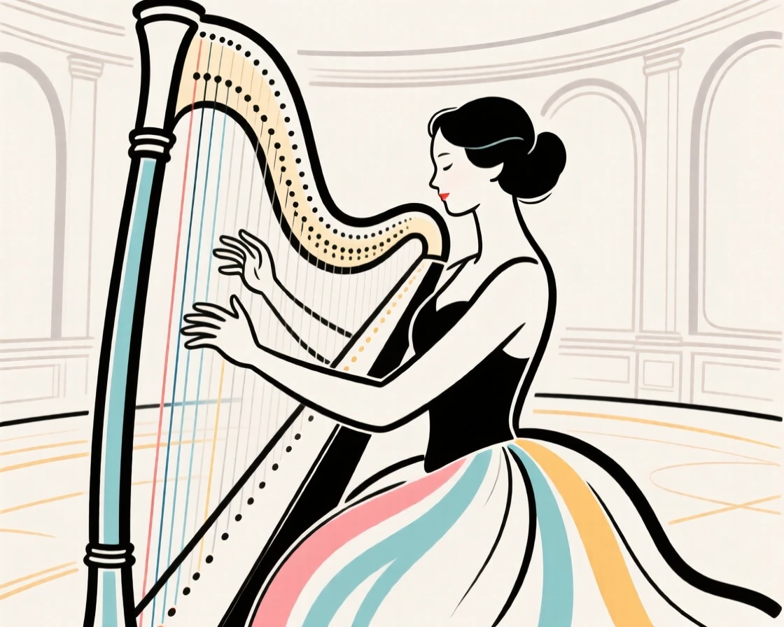 A harpist plucking strings gracefully in an elegant ballroom.