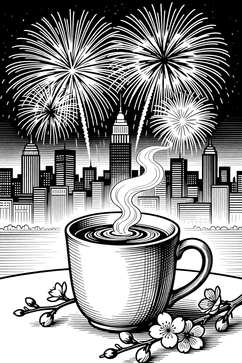 A new year's fireworks display over a city skyline as the first blossoms of spring begin to open, with a steaming mug of cocoa resting nearby, capturing a cheerfully celebratory seasonal moment.