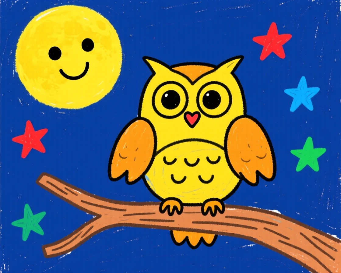 An owl perched on a branch under a full moon.