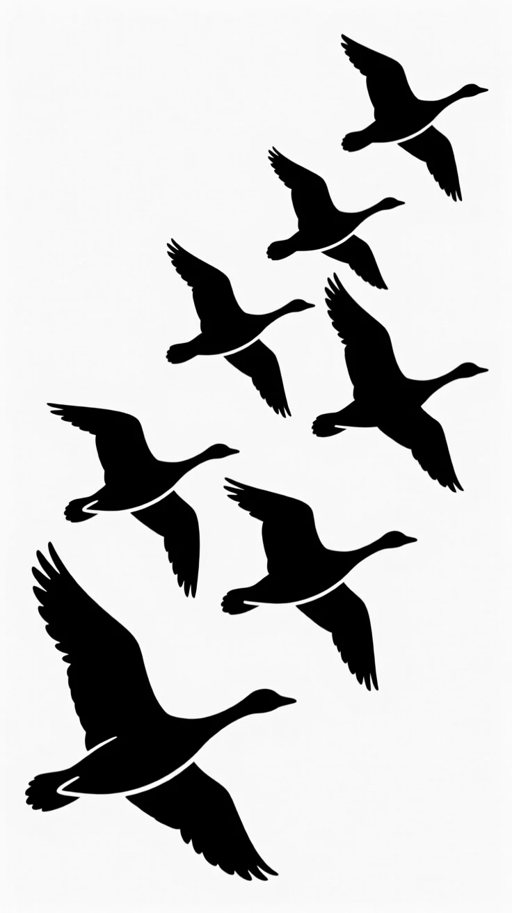 A flock of geese flying in formation across a golden sky.
