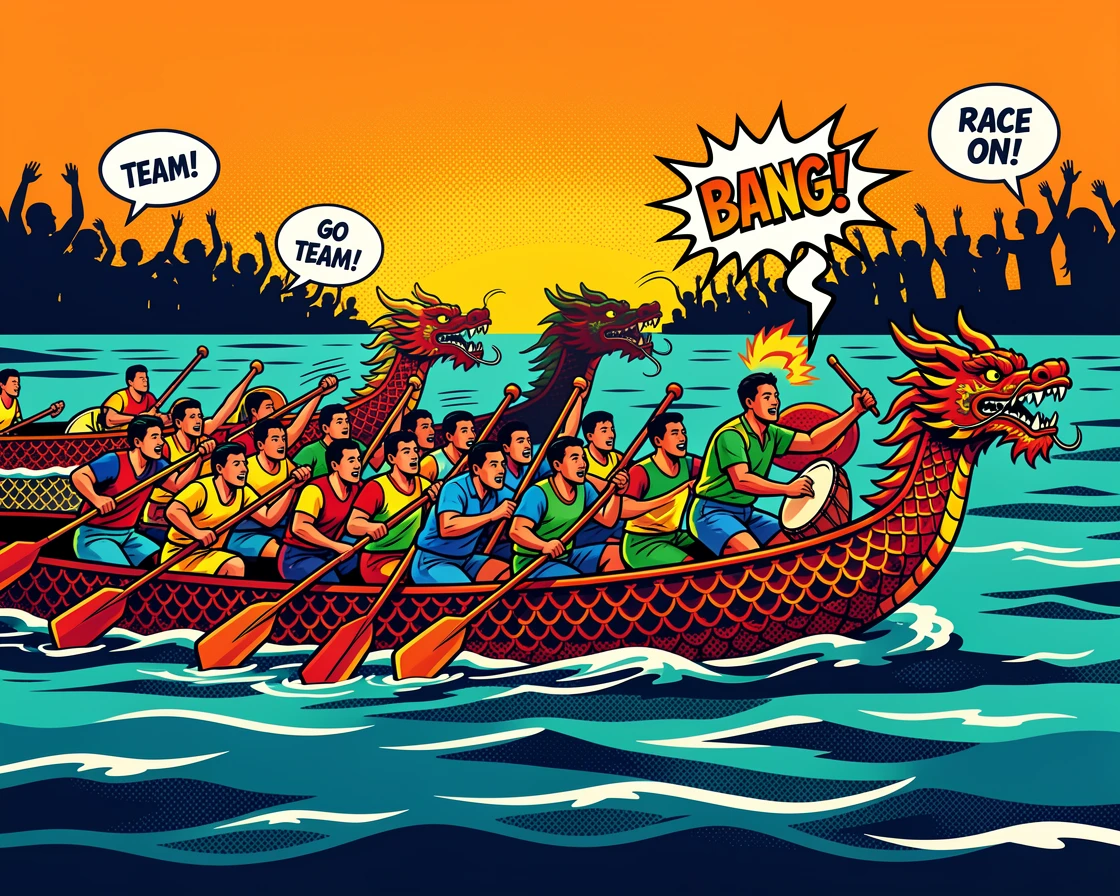 A traditional dragon boat race on a bustling river