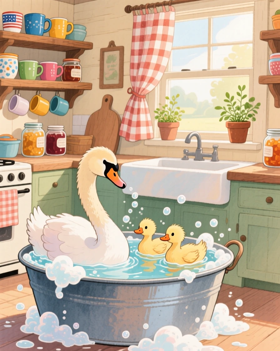 A swan and her cygnets getting a gentle bath in a tin tub full of bubbles, set in a cozy farmhouse kitchen with morning light streaming in, full of playful curiosity.