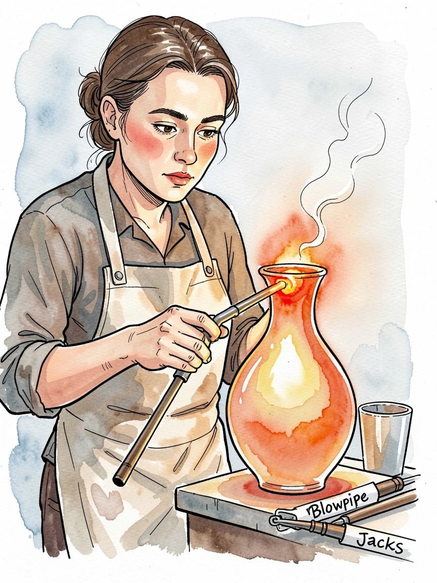 A glassblower shaping molten glass into a delicate vase, focused concentration evident in every careful movement.