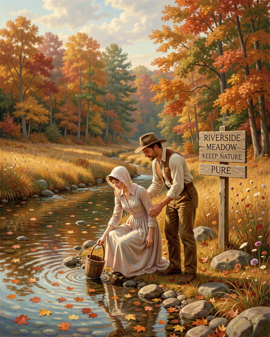 A young couple gathers water from a tranquil river beside a meadow as autumn leaves drift downstream.