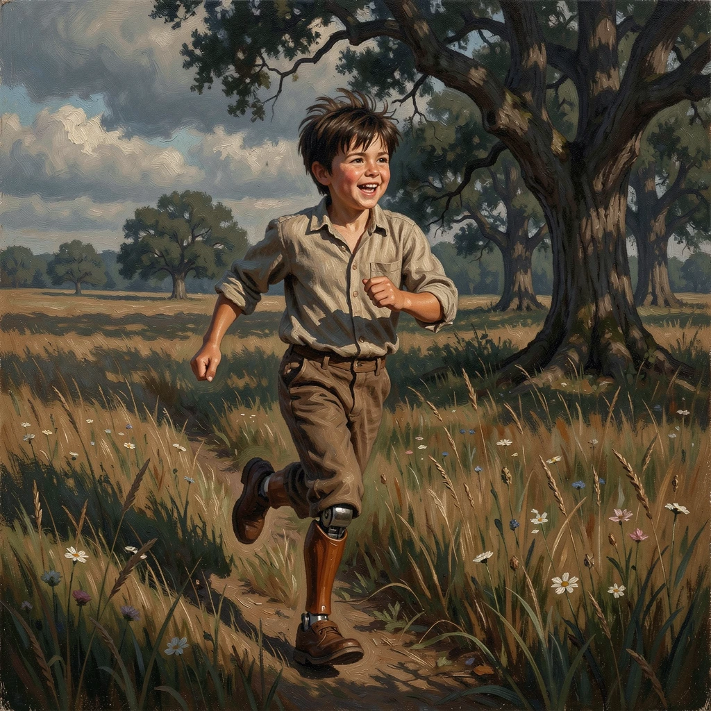 A child with a prosthetic leg running freely across a sunlit field, as the setting itself echoes the emotional weight of the scene, celebrating courage, perseverance, and the strength of the human spirit