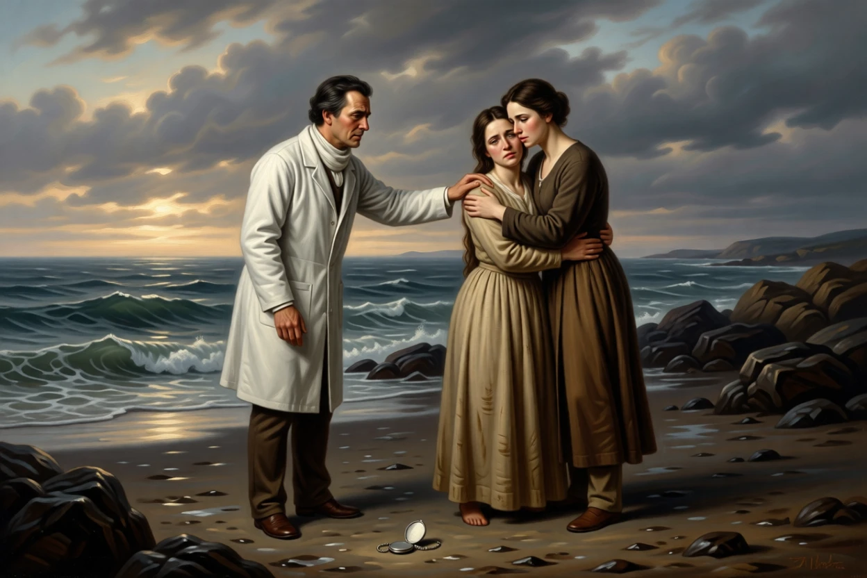 A doctor delivering hopeful news to an anxious family in a gesture that speaks louder than words, set on a storm-battered shoreline at first light, with trembling hands, tear-streaked faces, and a single dropped object forgotten on the ground; the two central figures are drawn close together in an intimate embrace, aching with bittersweet longing and hard-won joy.
