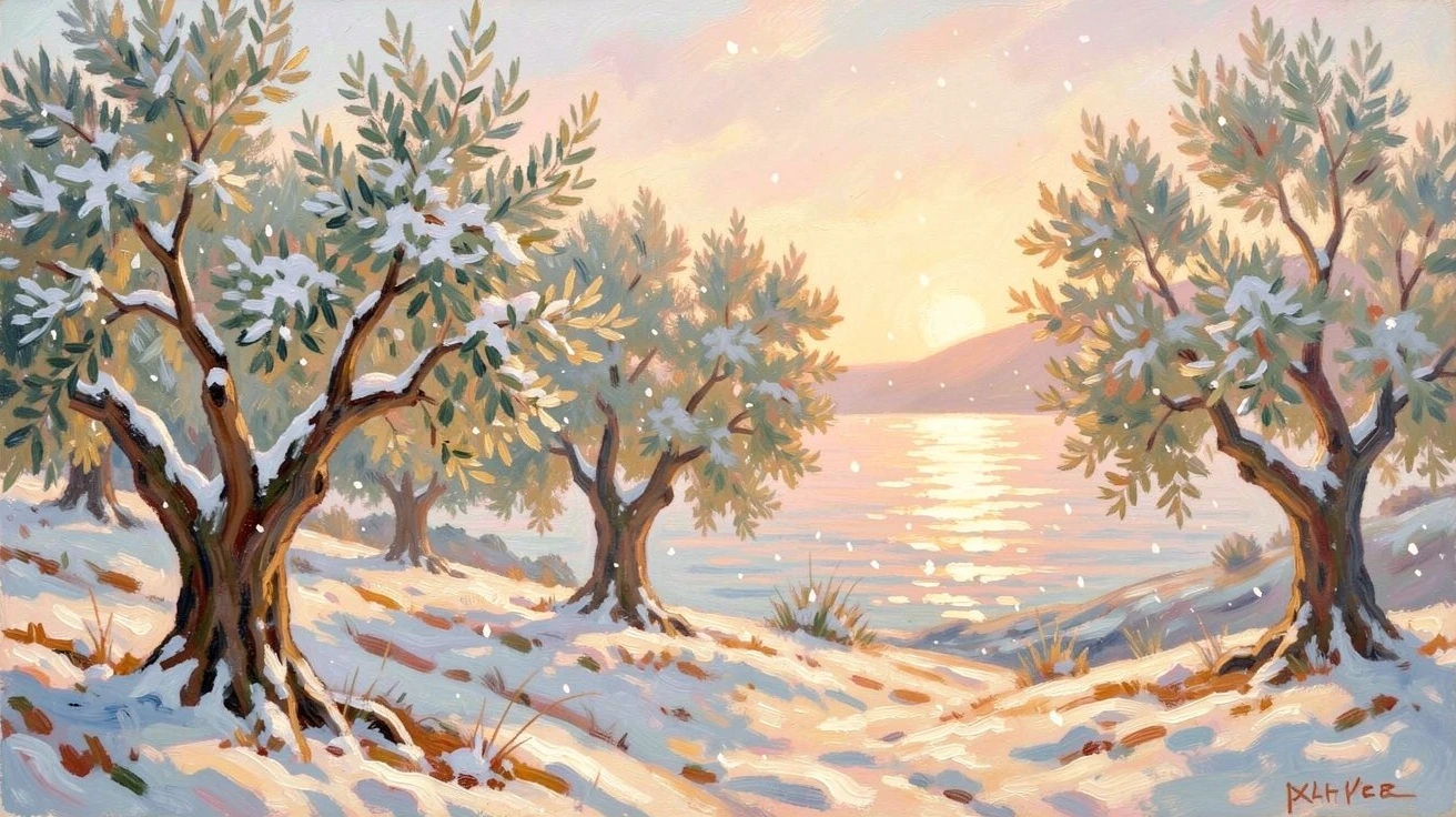 A peaceful orchard of olive trees on a Mediterranean hillside overlooking the sea at golden hour, amid a gentle winter snowfall, filled with warmth and nostalgia.