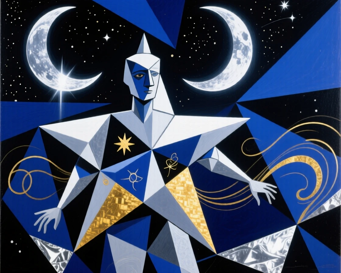 A magical scene of a wandering star spirit beneath twin moons casting silver light.