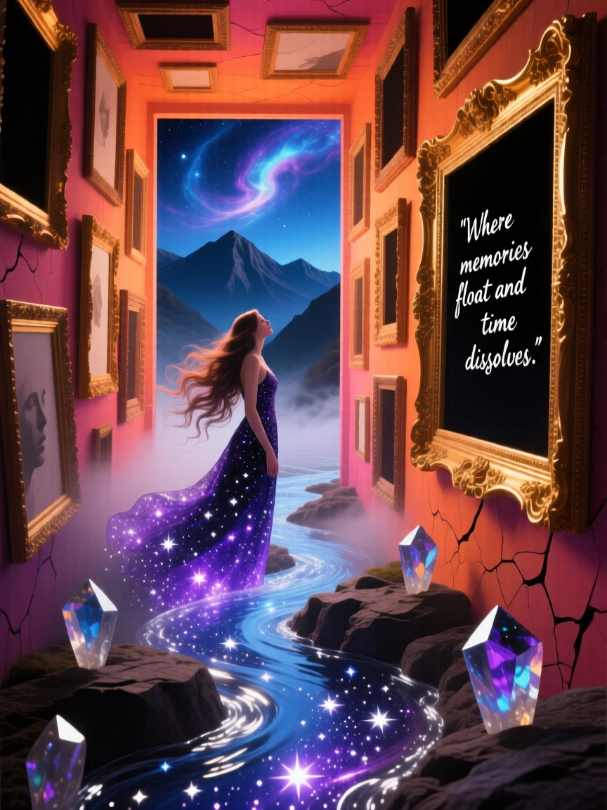 A woman whose hair flows into a river of stars drifts through a corridor lined with empty picture frames, while distant mountains bow slightly in their direction.