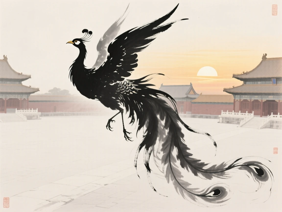 A phoenix descends toward a palace courtyard at sunrise, as golden light spreads across the horizon.