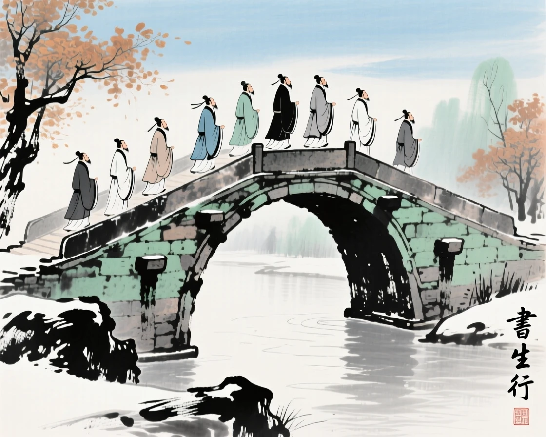 A procession of scholars crossing an ancient stone bridge in ceremonial robes, in the mild days of early winter.