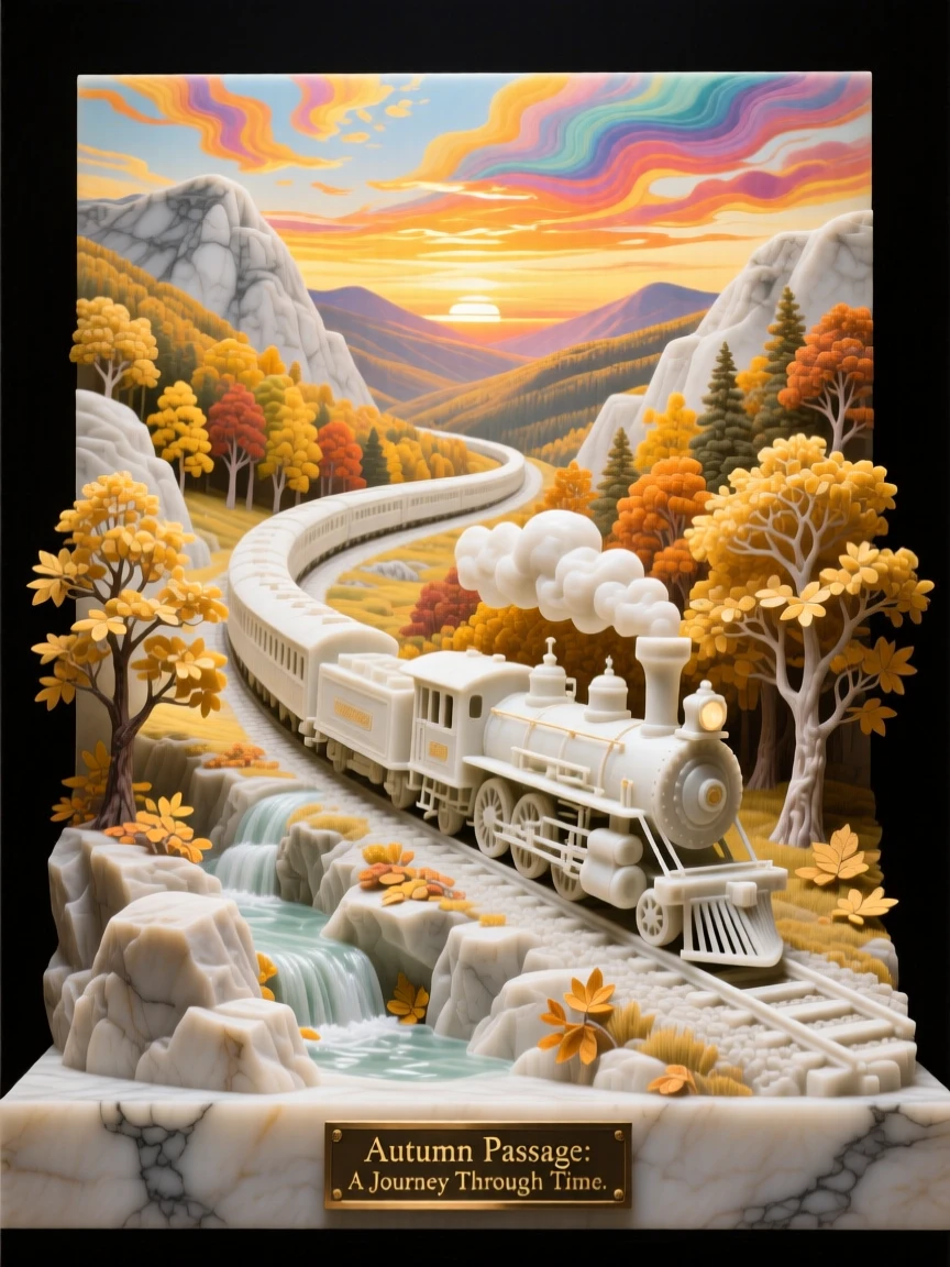 A vivid, emotionally rich scene of a train winding through a golden autumn valley, under a brilliant, colorful sky, designed to captivate and inspire