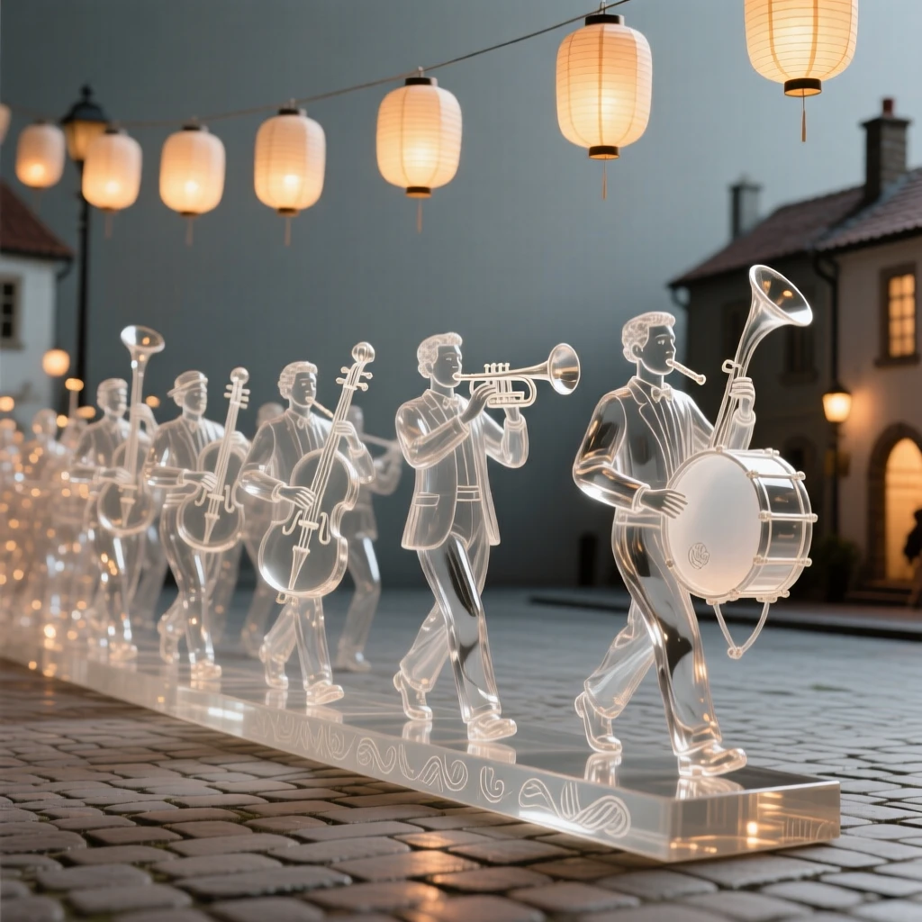 A procession of musicians leading a parade through a village square, as the crowd cheers beneath a canopy of paper lanterns