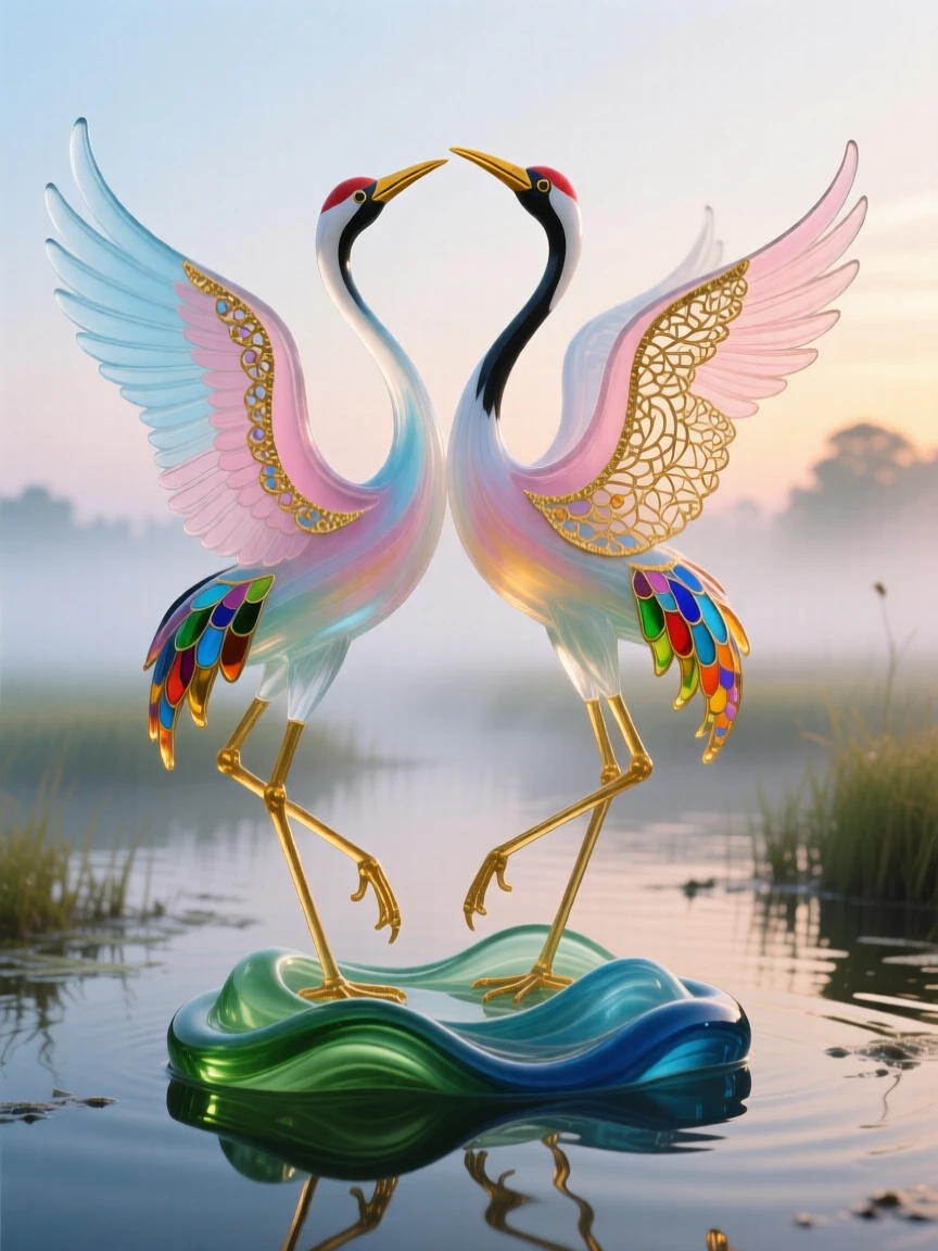 A pair of cranes dancing together at the edge of a misty wetland at dawn, elegant and symbolic.