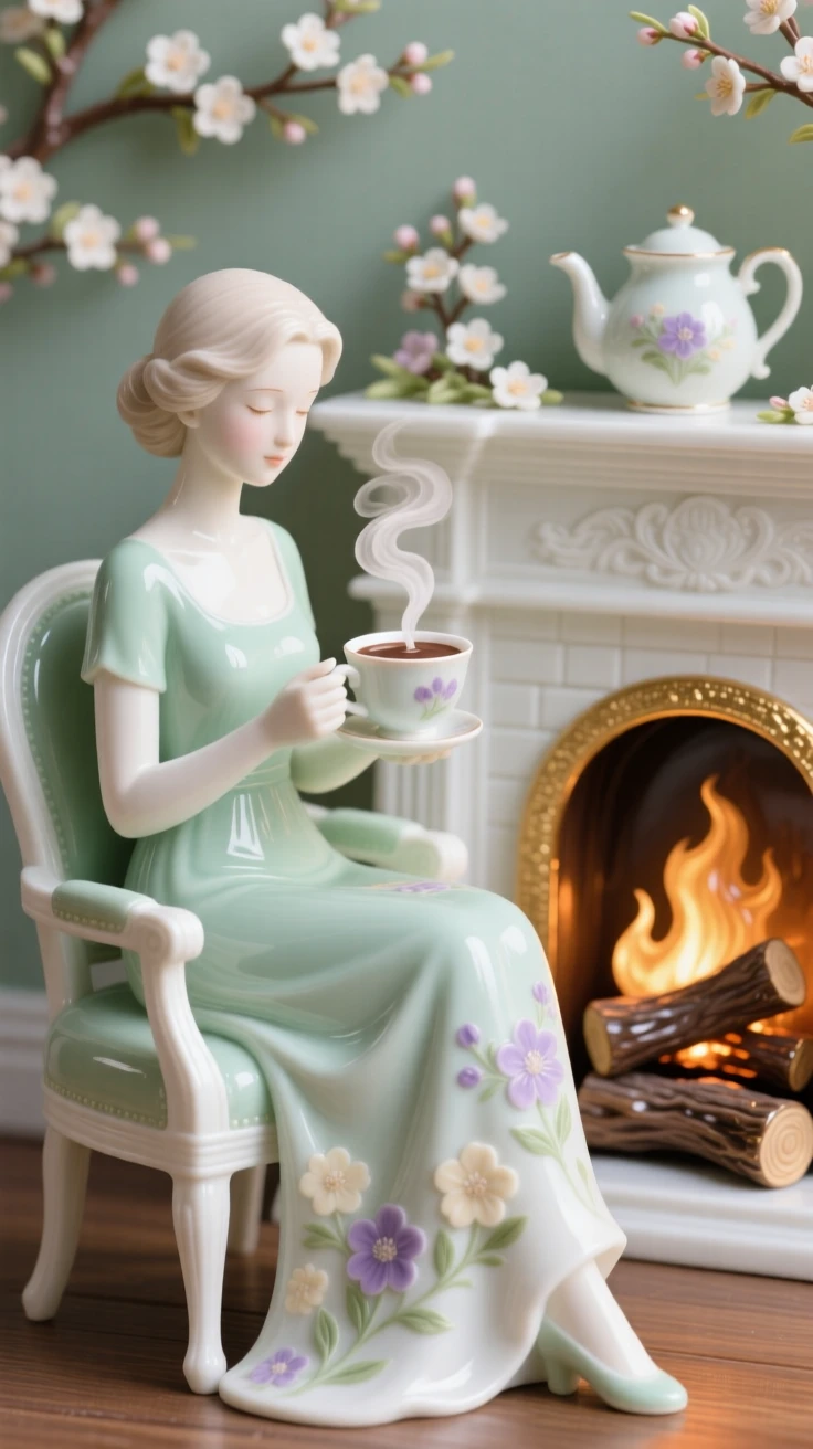 A cozy spring moment: hot cocoa and a crackling fireplace, bathed in soft seasonal light.