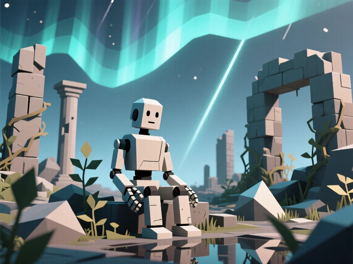 A time-worn robot sitting quietly among overgrown ruins, beneath shimmering auroras. reflections and light rays add a layer of visual depth. It captures a feeling of peaceful isolation.