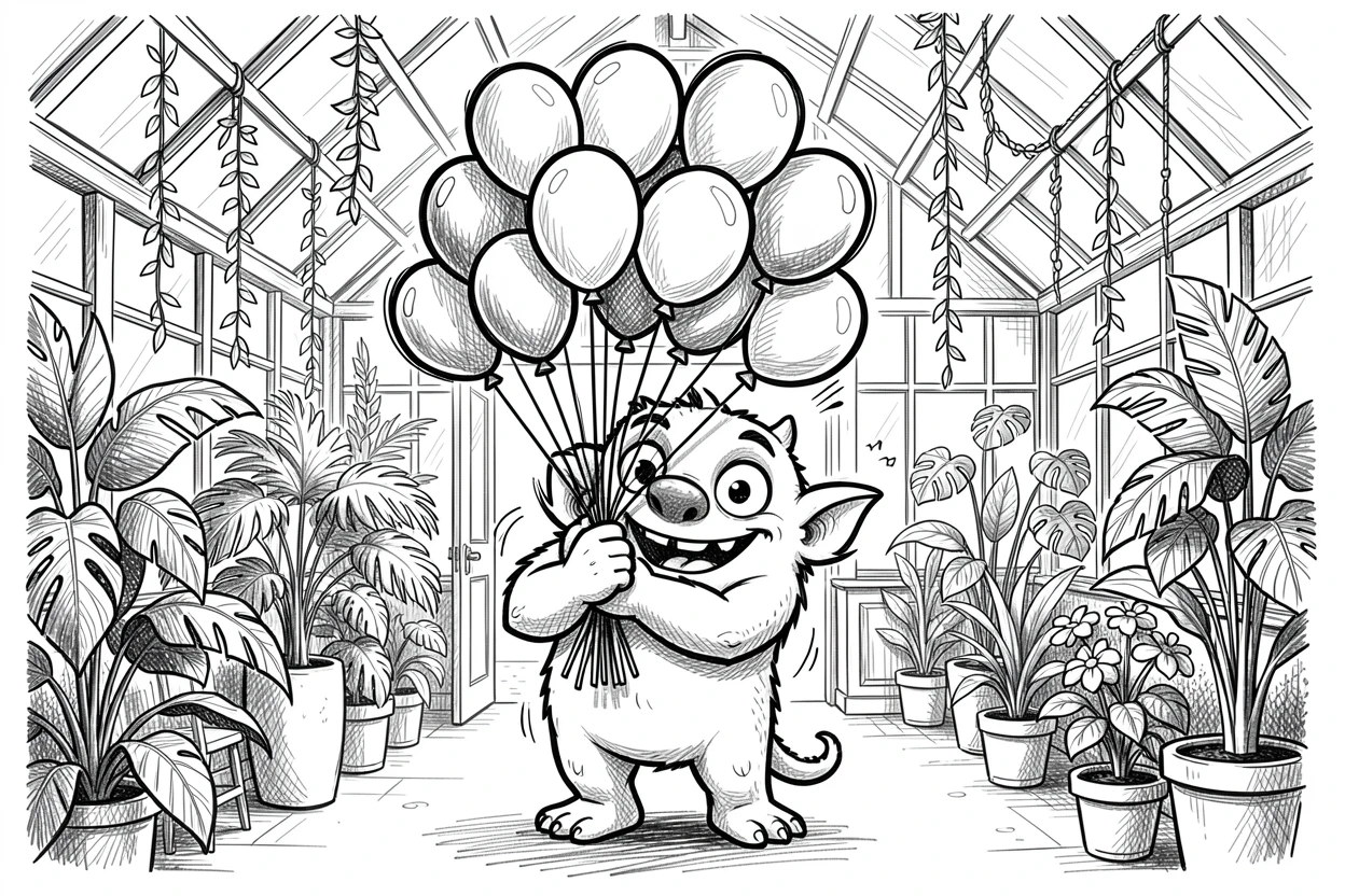 A monster with a bouquet of balloons at a party inside a greenhouse full of plants.
