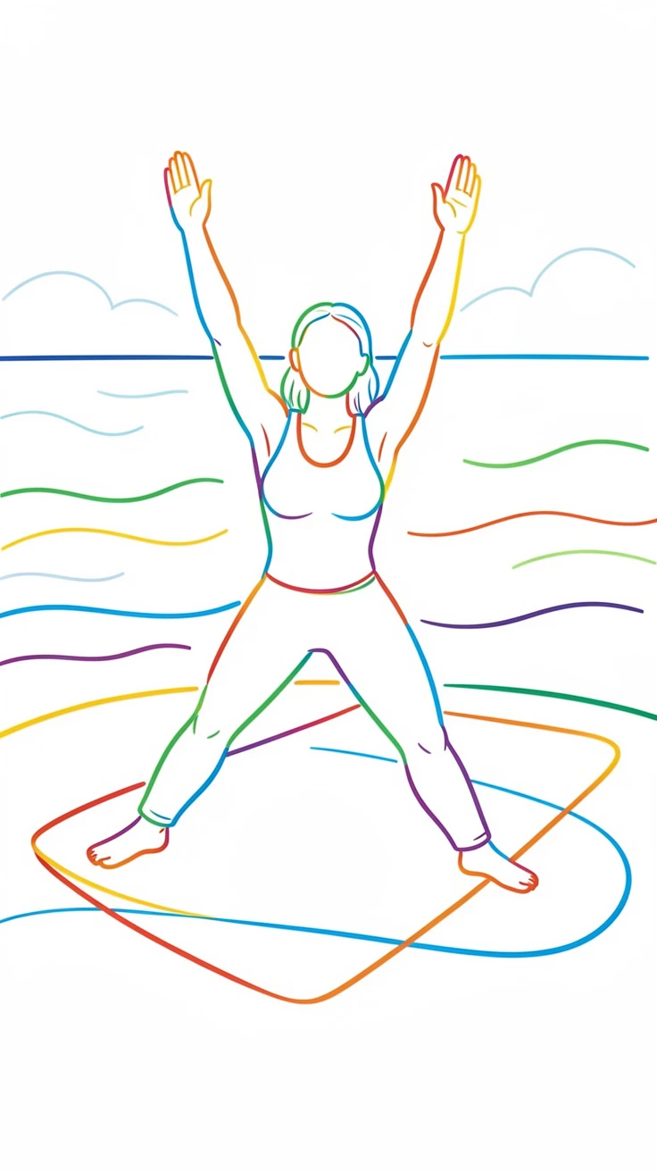 A person doing sun salutations on a yoga mat overlooking the ocean.