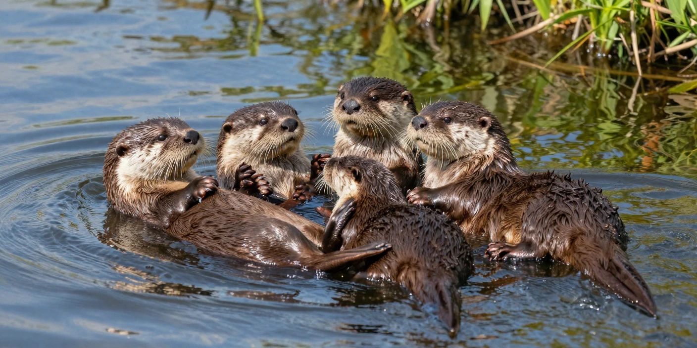A family of otters floating together holding paws